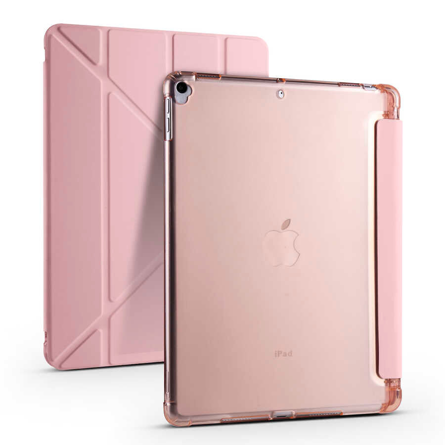 Apple iPad 10.2 2021 (9.Nesil) Kılıf Tri Folding Kalem Bölmeli Standlı Kılıf Rose Gold