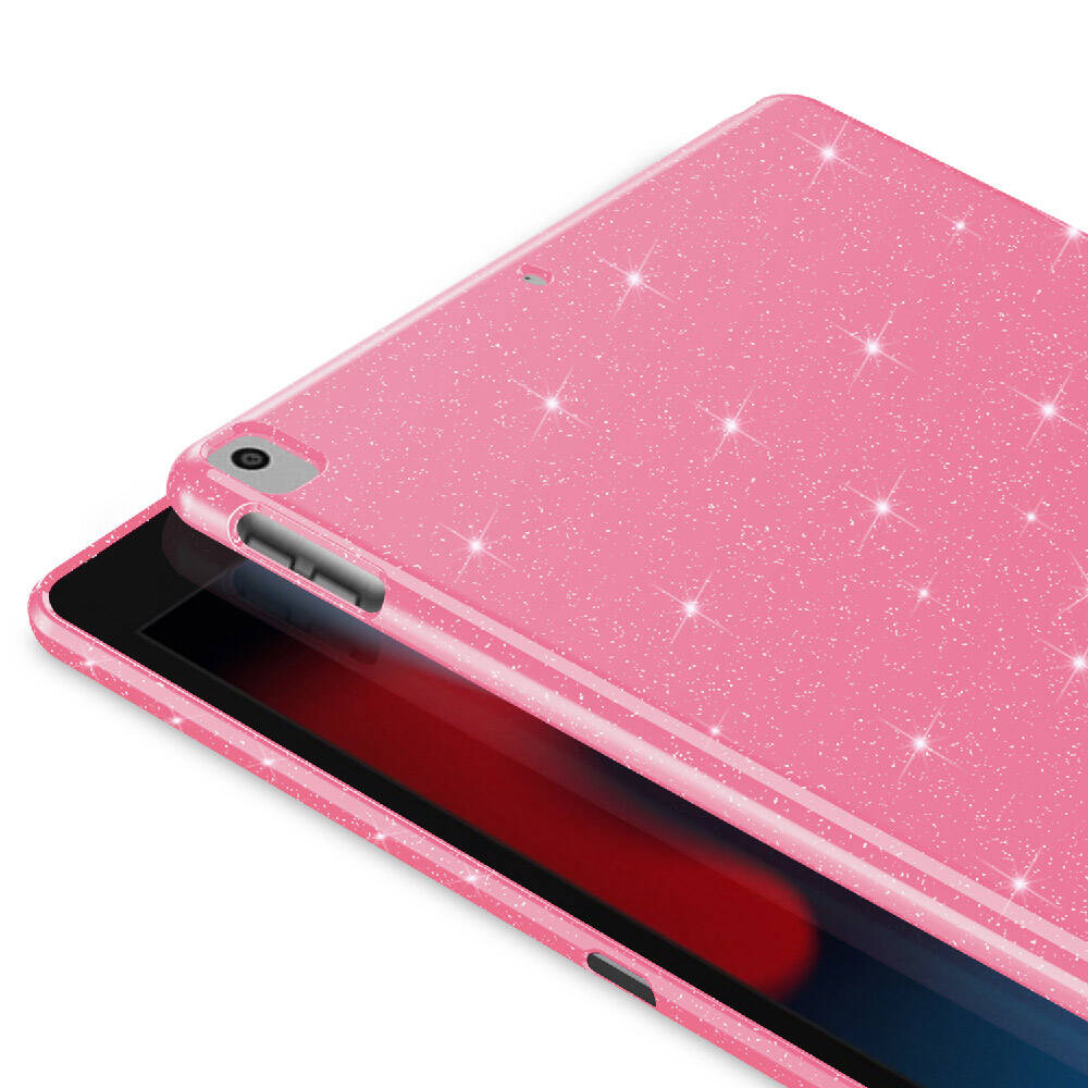 Apple iPad 10.2 (8 Nesil) Simli Parlak Görünümlü Tablet Koton Kılıf Pembe Koyu