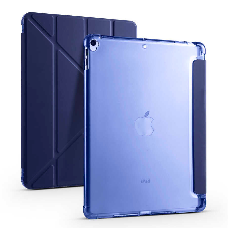 Apple iPad 10.2 (8.Nesil) Kılıf Tri Folding Kalem Bölmeli Standlı Kılıf Lacivert