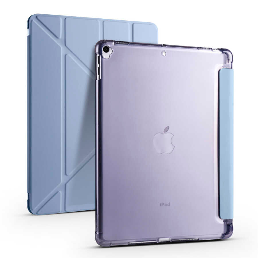 Apple iPad 10.2 (8.Nesil) Kılıf Tri Folding Kalem Bölmeli Standlı Kılıf Mavi