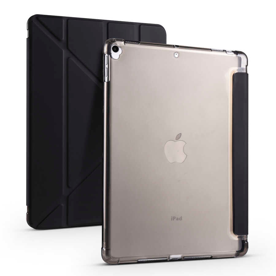 Apple iPad 10.2 (8.Nesil) Kılıf Tri Folding Kalem Bölmeli Standlı Kılıf Siyah