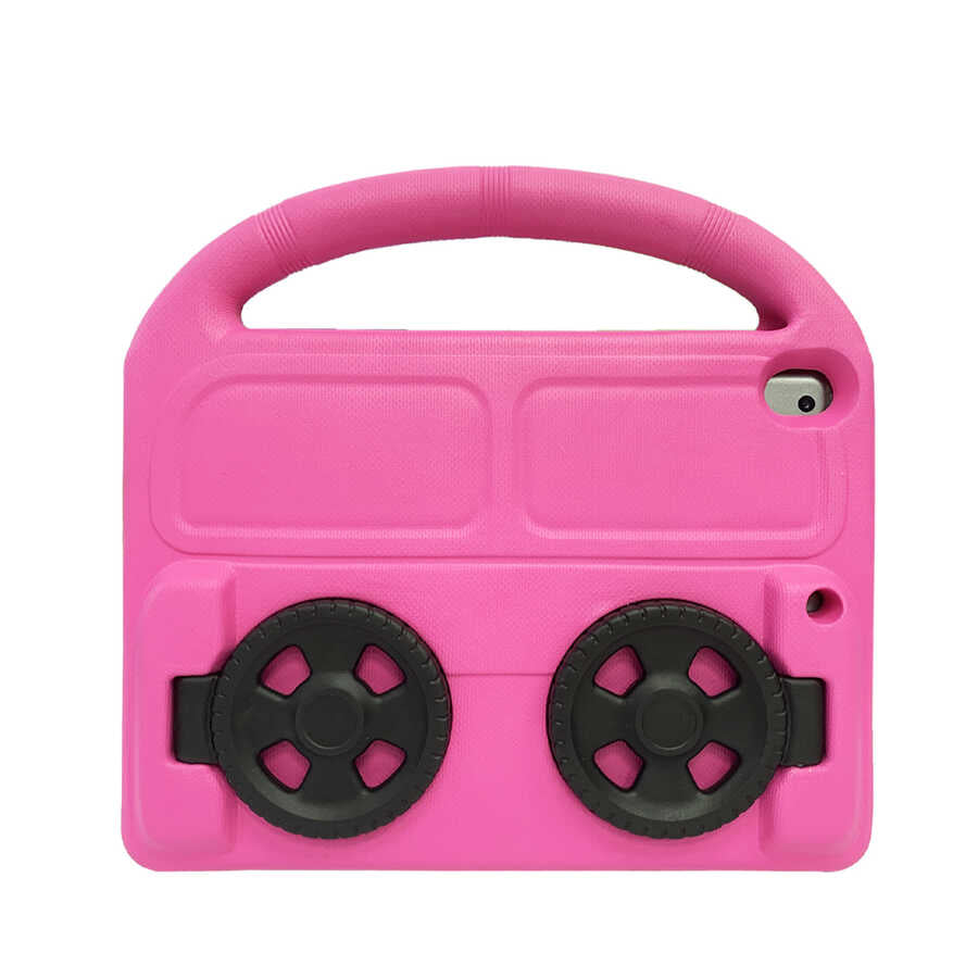 Apple iPad 10.2 (8.Nesil) Wheel Car Tekerlek Standlı Tablet Eva Silikon Kılıf Pembe Koyu