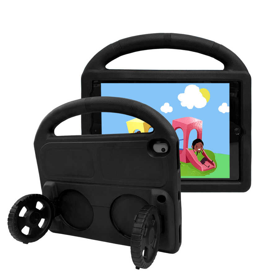 Apple iPad 10.2 (8.Nesil) Wheel Car Tekerlek Standlı Tablet Eva Silikon Kılıf Siyah