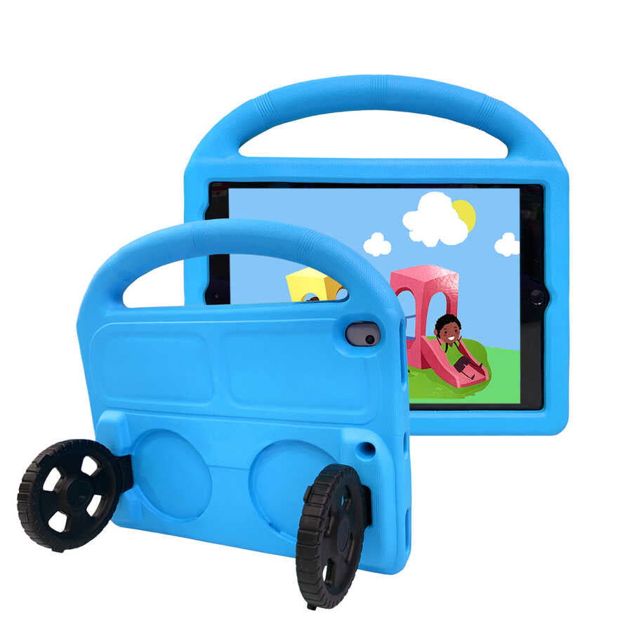 Apple iPad 10.2 (8.Nesil) Wheel Car Tekerlek Standlı Tablet Eva Silikon Kılıf Mavi