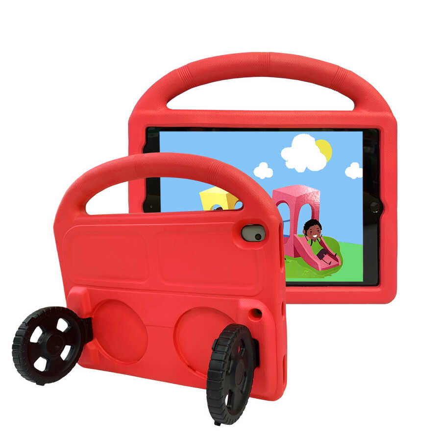 Apple iPad 10.2 (8.Nesil) Wheel Car Tekerlek Standlı Tablet Eva Silikon Kılıf Kırmızı