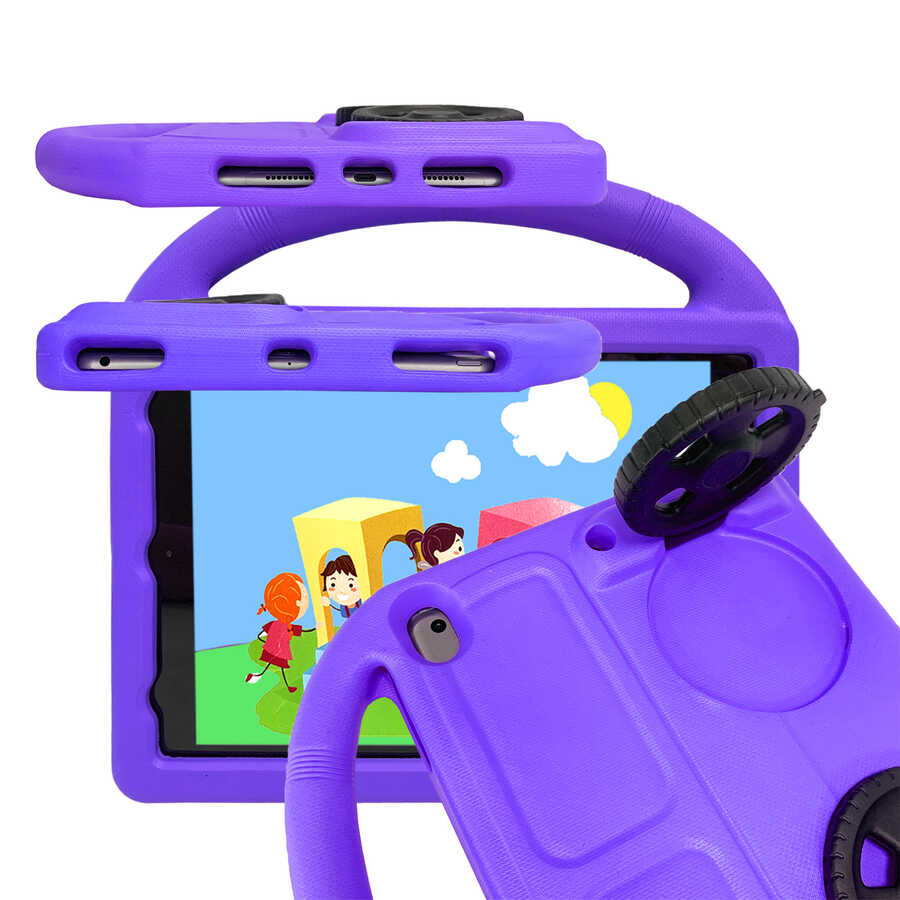 Apple iPad 10.2 (9.Nesil) Wheel Car Tekerlek Standlı Tablet Eva Silikon Kılıf Pembe Koyu