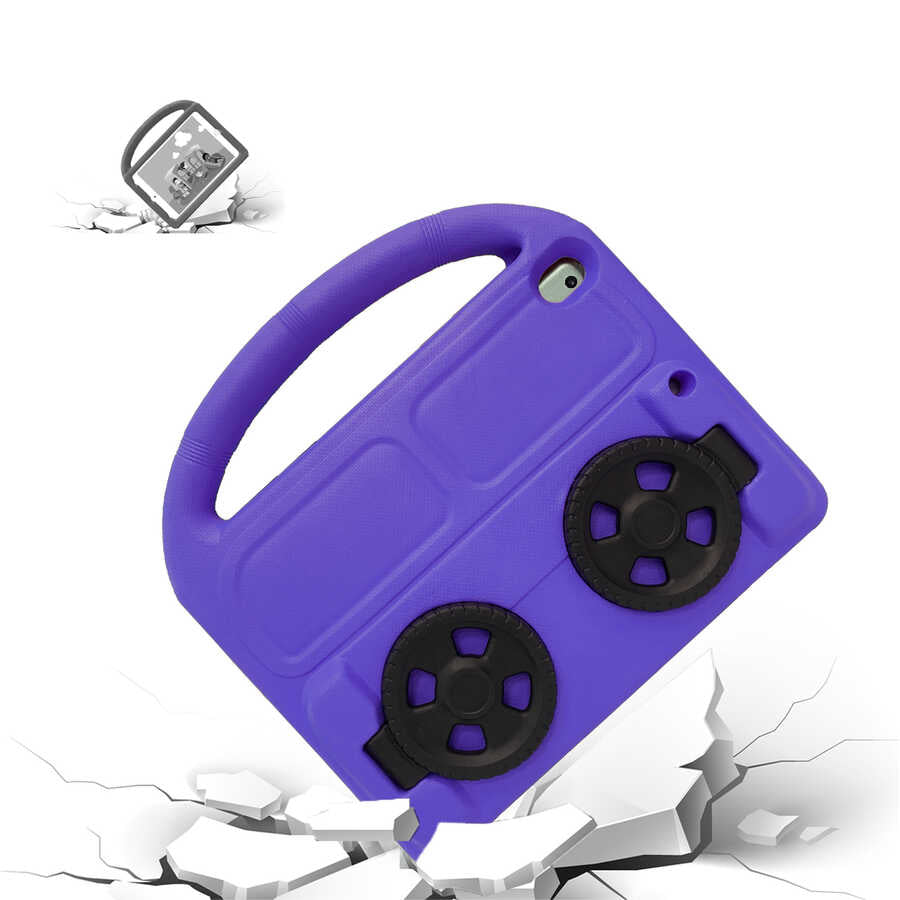Apple iPad 10.2 (9.Nesil) Wheel Car Tekerlek Standlı Tablet Eva Silikon Kılıf Pembe Koyu
