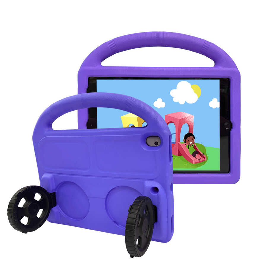 Apple iPad 10.2 (9.Nesil) Wheel Car Tekerlek Standlı Tablet Eva Silikon Kılıf Mor