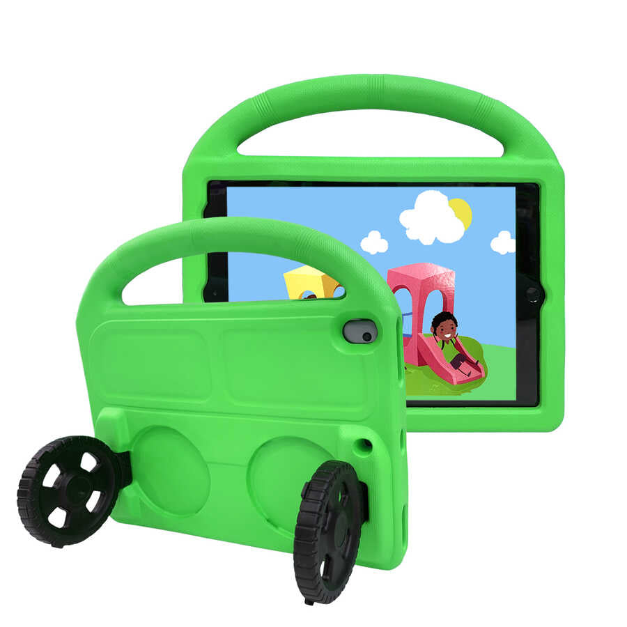 Apple iPad 10.2 (9.Nesil) Wheel Car Tekerlek Standlı Tablet Eva Silikon Kılıf Yeşil