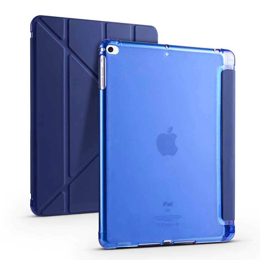 Apple iPad 9.7 2017 (5.Nesil) Kılıf Tri Folding Kalem Bölmeli Standlı Kılıf Mavi