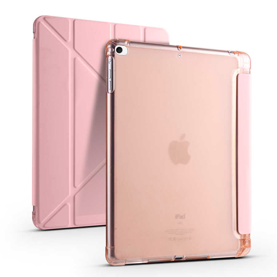Apple iPad 9.7 2017 (5.Nesil) Kılıf Tri Folding Kalem Bölmeli Standlı Kılıf Rose Gold