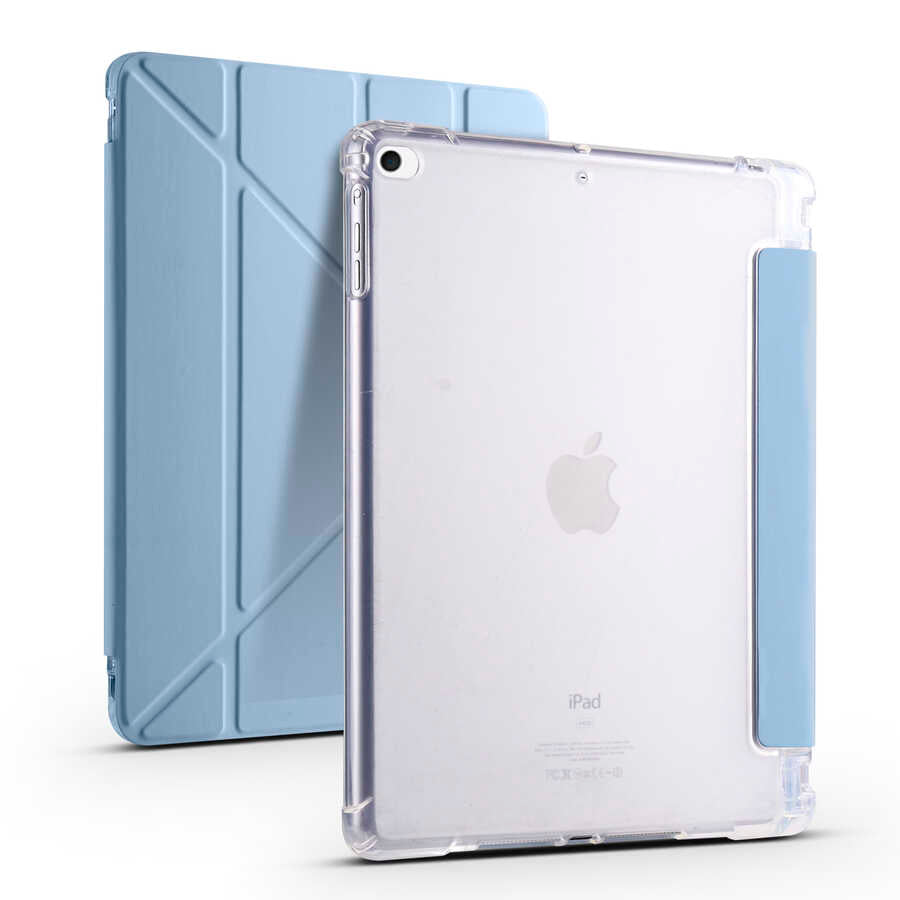 Apple iPad 9.7 2017 (5.Nesil) Kılıf Tri Folding Kalem Bölmeli Standlı Kılıf Mavi