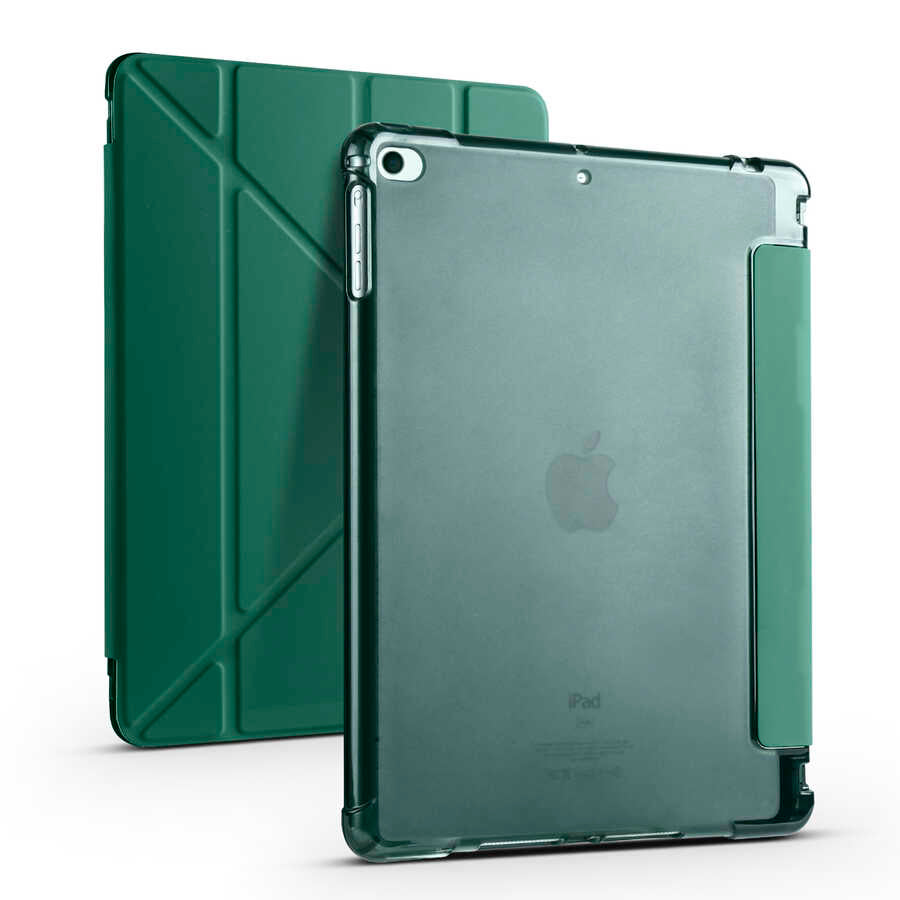 Apple iPad 9.7 2018 (6.Nesil) Kılıf Tri Folding Kalem Bölmeli Standlı Kılıf Koyu Yeşil
