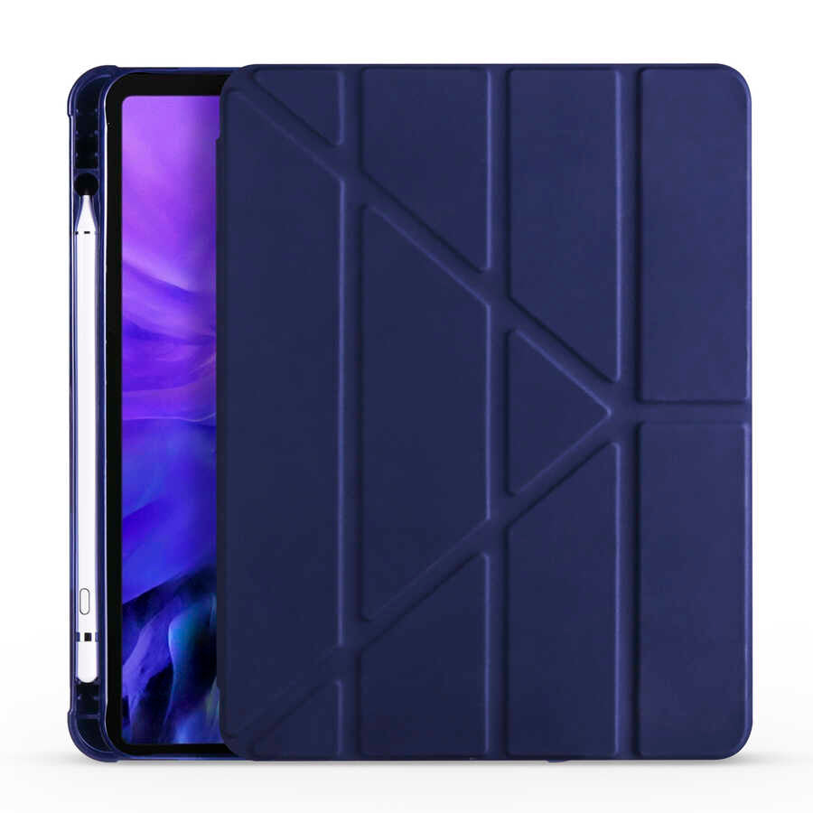 Apple iPad Air 10.9 2022 (5.Nesil) Kılıf  Tri Folding Kalem Bölmeli Standlı Kılıf Lacivert