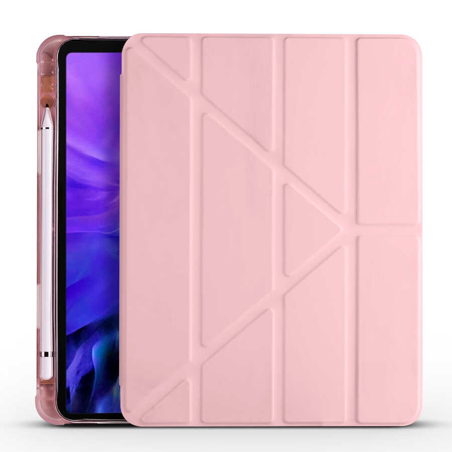 Apple iPad Air 10.9 2022 (5.Nesil) Kılıf Tri Folding Kalem Bölmeli Standlı Kılıf Rose Gold