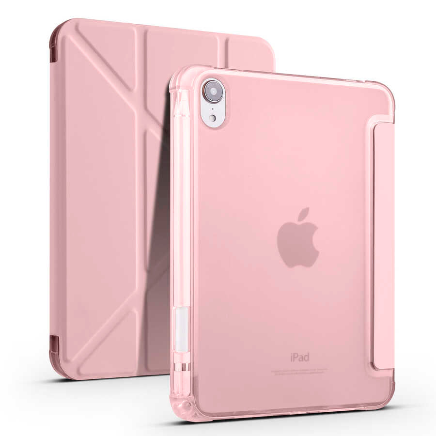 Apple iPad Mini 2021 (6.Nesil) Kılıf Tri Folding Kalem Bölmeli Standlı Kılıf Rose Gold