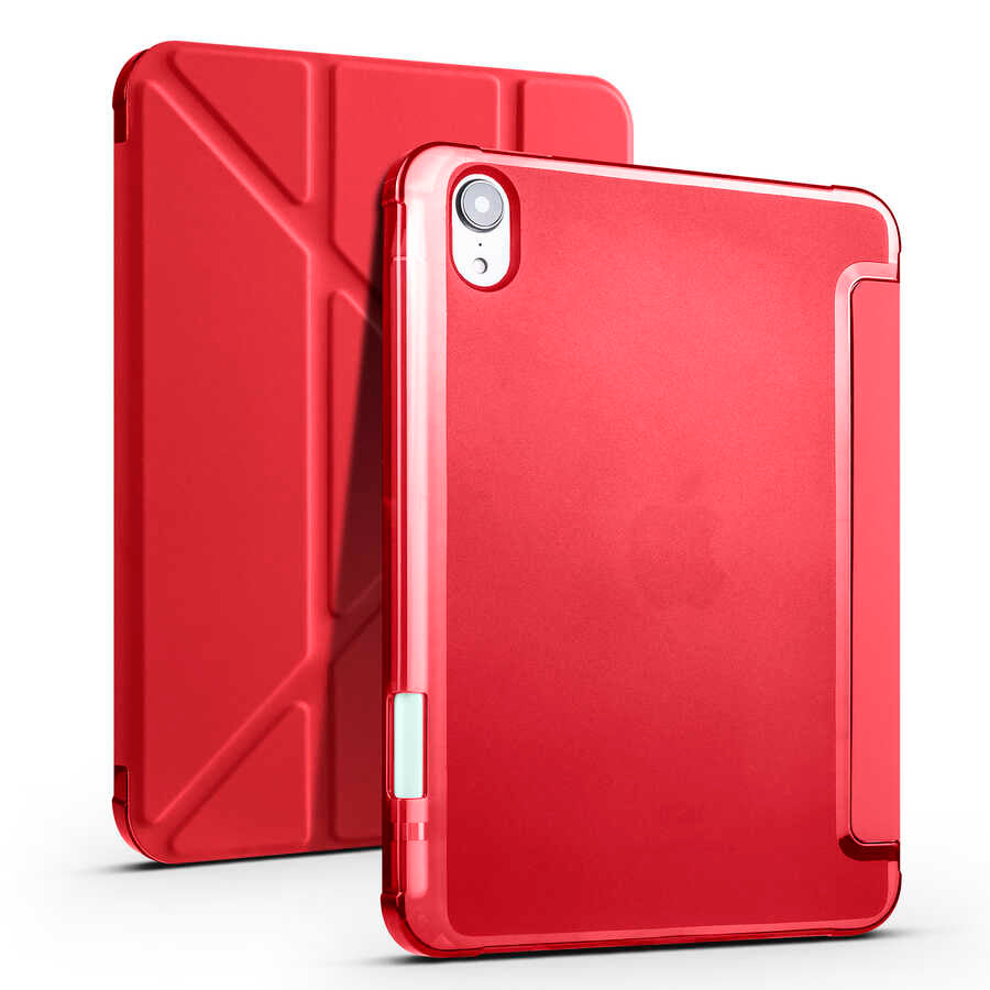 Apple iPad Mini 2021 (6.Nesil) Kılıf Tri Folding Kalem Bölmeli Standlı Kılıf Kırmızı