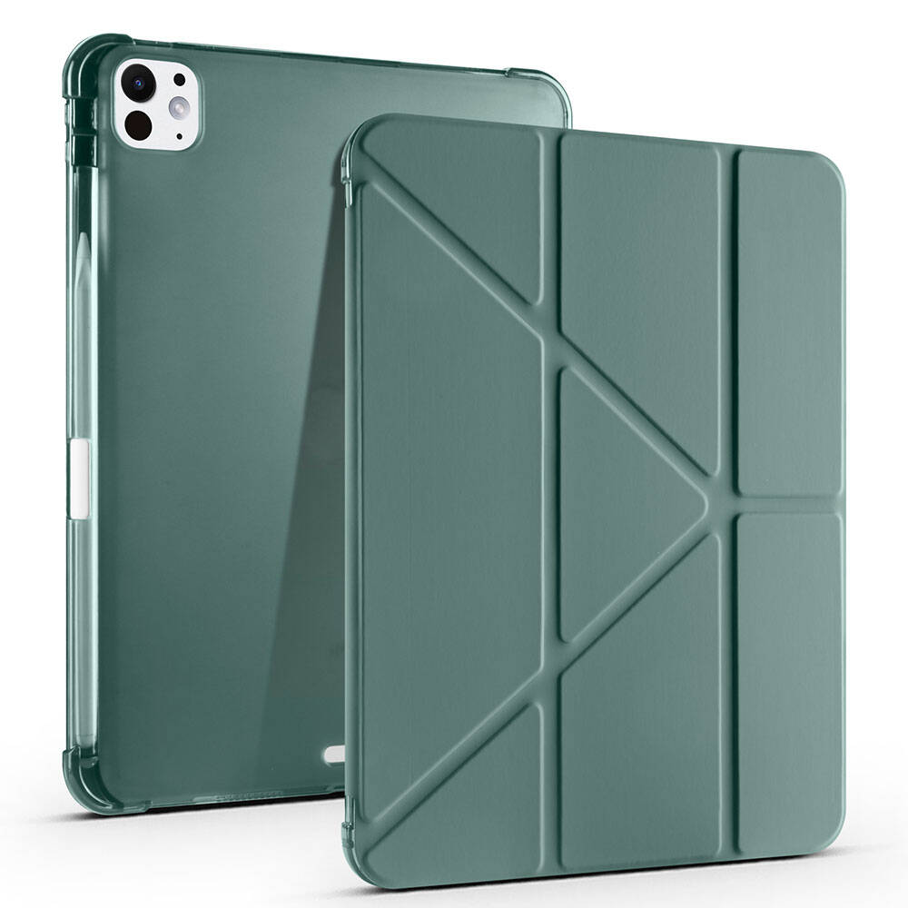 Apple iPad Pro 11 2024 Kılıf Tri Folding Kalem Bölmeli Standlı Kılıf Koyu Yeşil