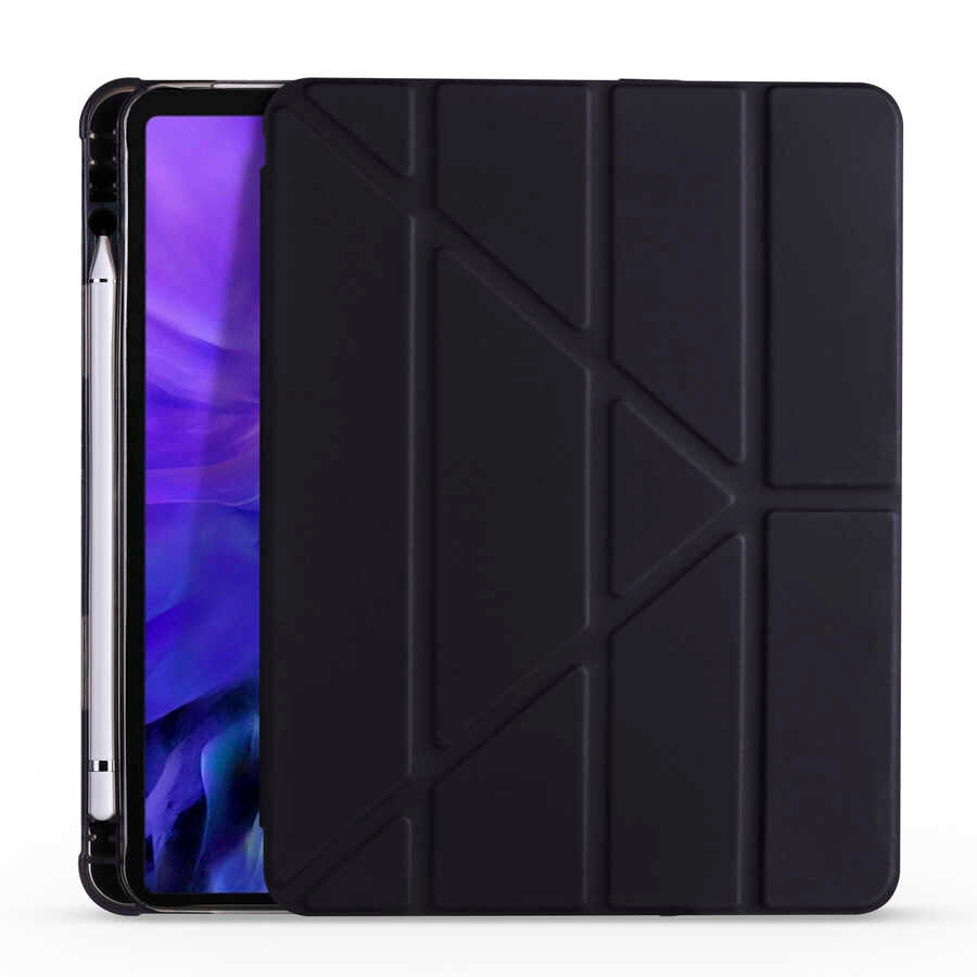 Apple iPad Pro 12.9 2021 (5.Nesil) Kılıf Tri Folding Kalem Bölmeli Standlı Kılıf Mor
