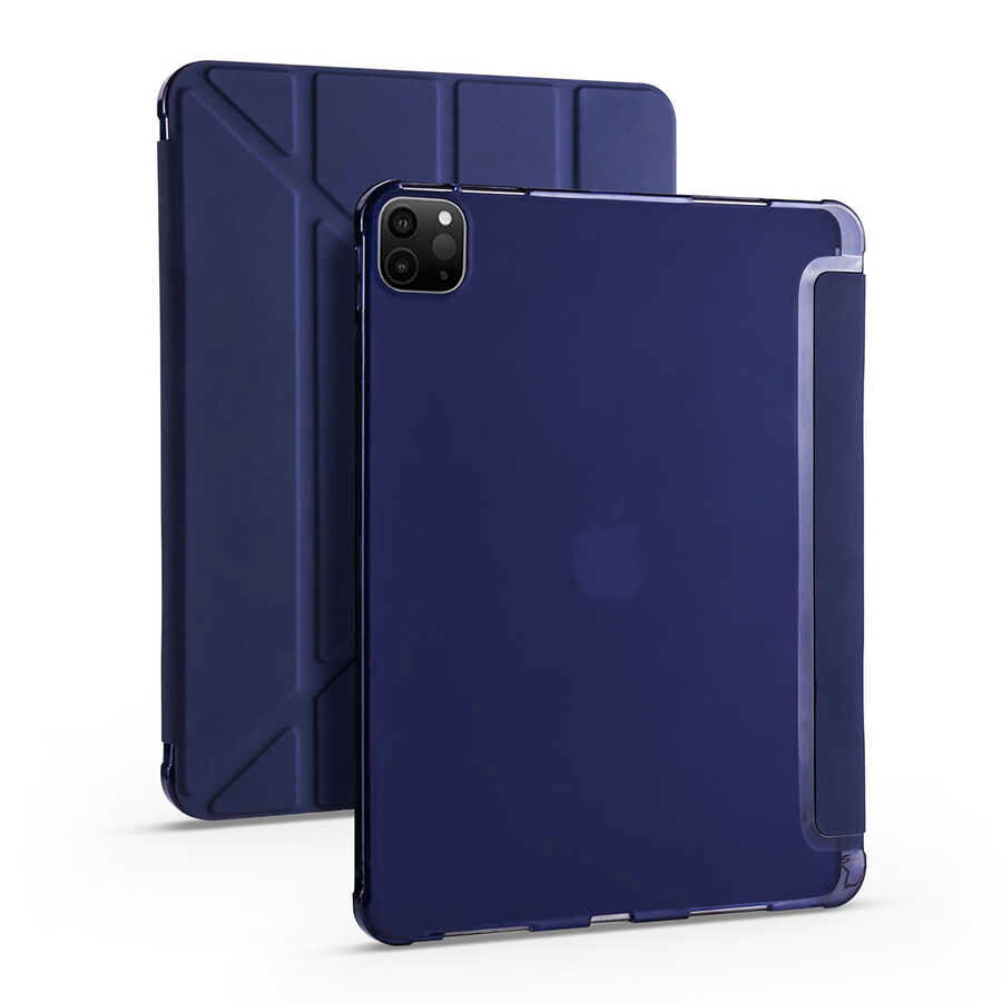 Apple iPad Pro 12.9 2021 (5.Nesil) Kılıf Tri Folding Kalem Bölmeli Standlı Kılıf Lacivert