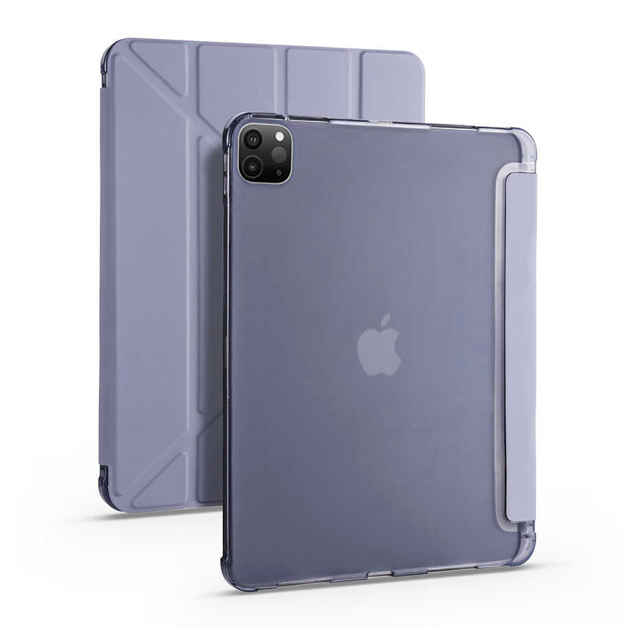 Apple iPad Pro 12.9 2021 (5.Nesil) Kılıf Tri Folding Kalem Bölmeli Standlı Kılıf Mor