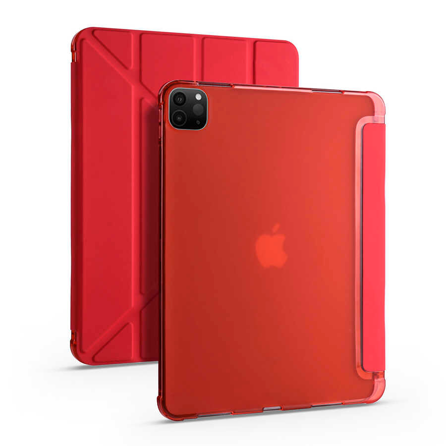 Apple iPad Pro 12.9 2022 M2 Kılıf Tri Folding Kalem Bölmeli Standlı Kılıf Kırmızı