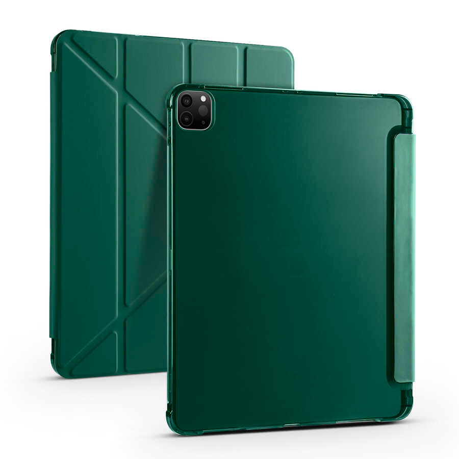 Apple iPad Pro 12.9 2022 M2 Kılıf Tri Folding Kalem Bölmeli Standlı Kılıf Koyu Yeşil