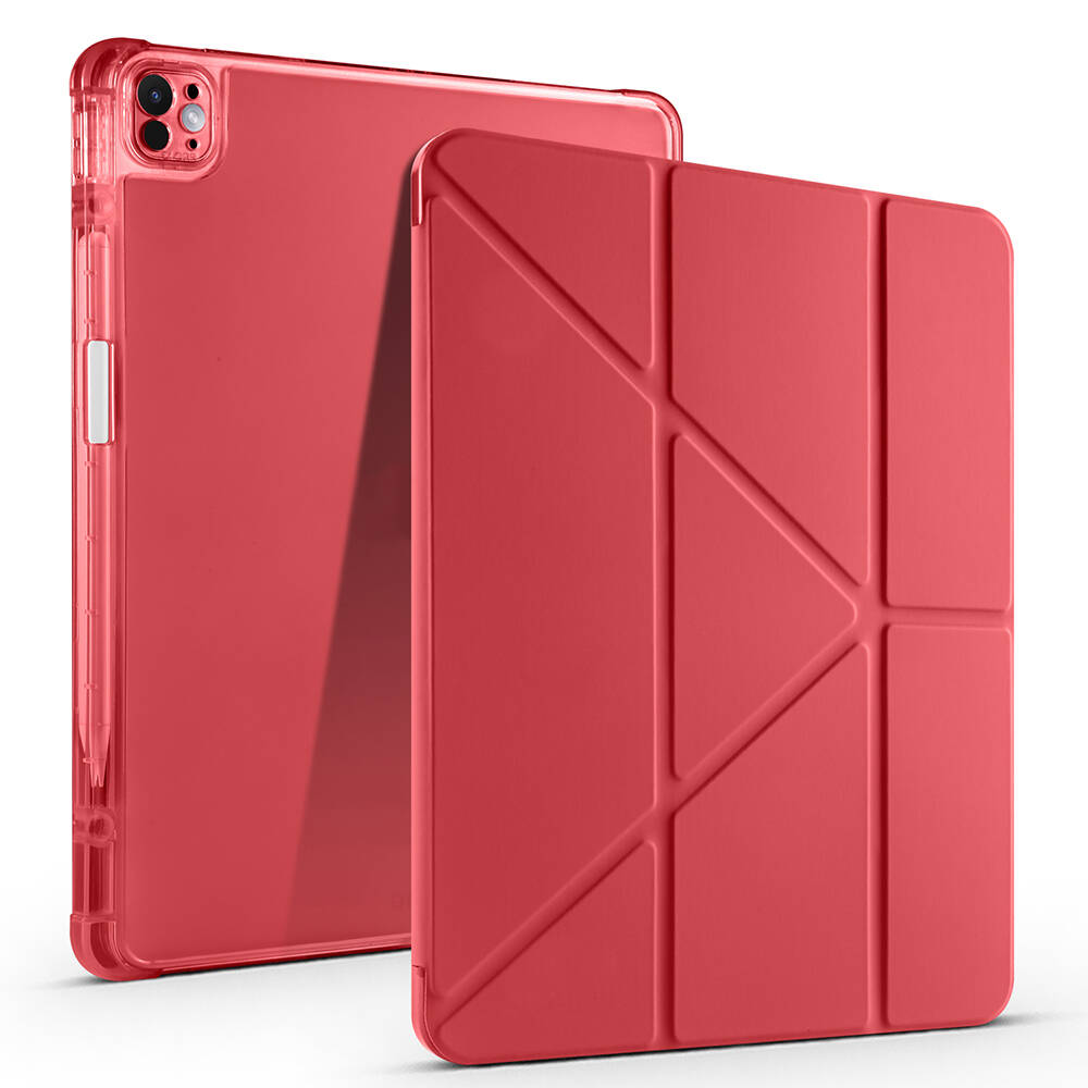Apple iPad Pro 13 2024 Kılıf Zore Tri Folding Kalem Bölmeli Standlı Kılıf Kırmızı