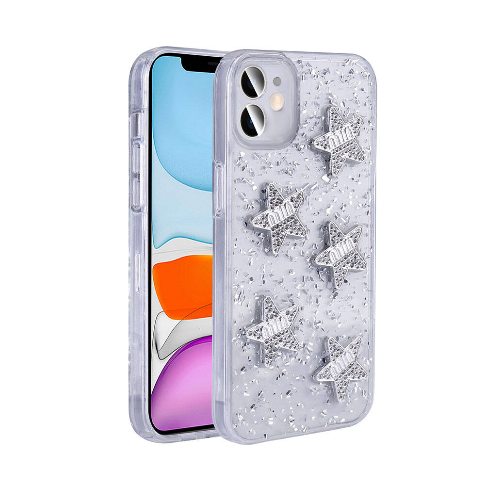Apple iPhone 11 Kılıf Airbagli Simli Arka Yüzey Zore Işıltı Silikon Kapak Beyaz-Yıldız