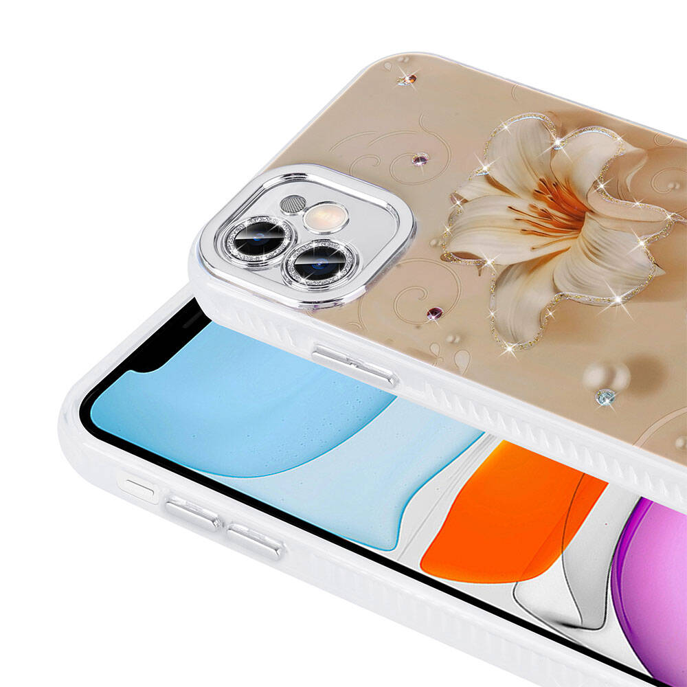 Apple iPhone 11 Kılıf Çiçek Desenli Parlak Taşlı Sert Silikon Zore Garden Kapak Pembe Açık