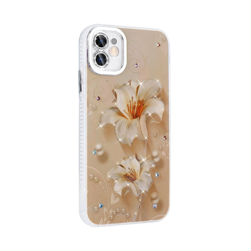 Apple iPhone 11 Kılıf Çiçek Desenli Parlak Taşlı Sert Silikon Zore Garden Kapak Pembe Açık