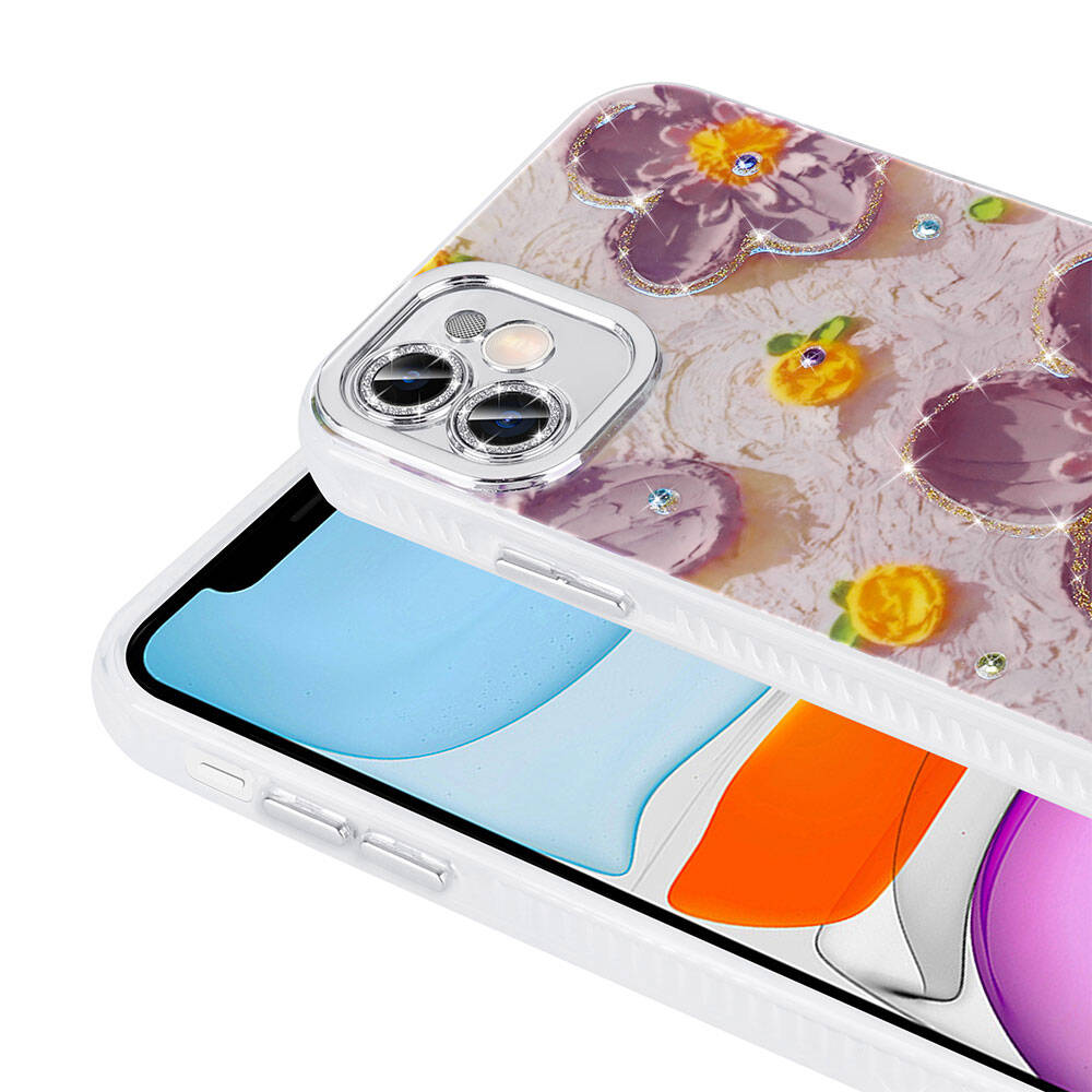 Apple iPhone 11 Kılıf Çiçek Desenli Parlak Taşlı Sert Silikon Zore Garden Kapak Pembe Açık