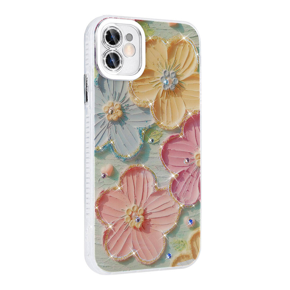 Apple iPhone 11 Kılıf Çiçek Desenli Parlak Taşlı Sert Silikon Zore Garden Kapak Pembe Açık