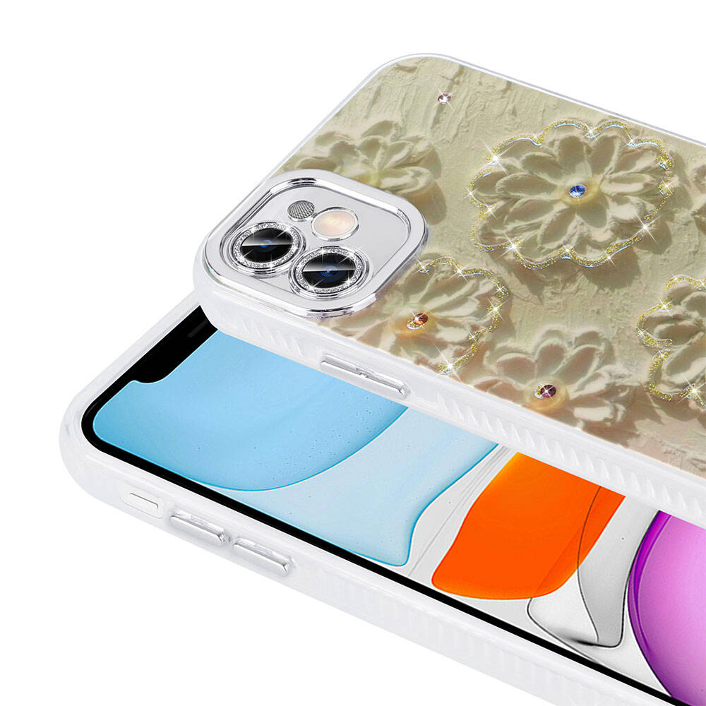 Apple iPhone 11 Kılıf Çiçek Desenli Parlak Taşlı Sert Silikon Zore Garden Kapak Pembe Açık