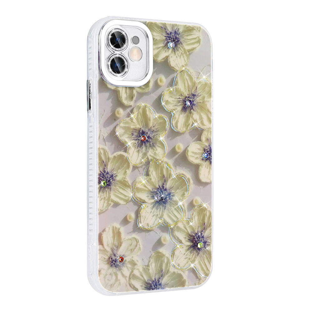 Apple iPhone 11 Kılıf Çiçek Desenli Parlak Taşlı Sert Silikon Zore Garden Kapak Pembe Açık