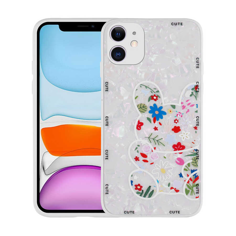 Apple iPhone 11 Kılıf Desenli Sert Silikon Zore Mumila Kapak White Rabbit
