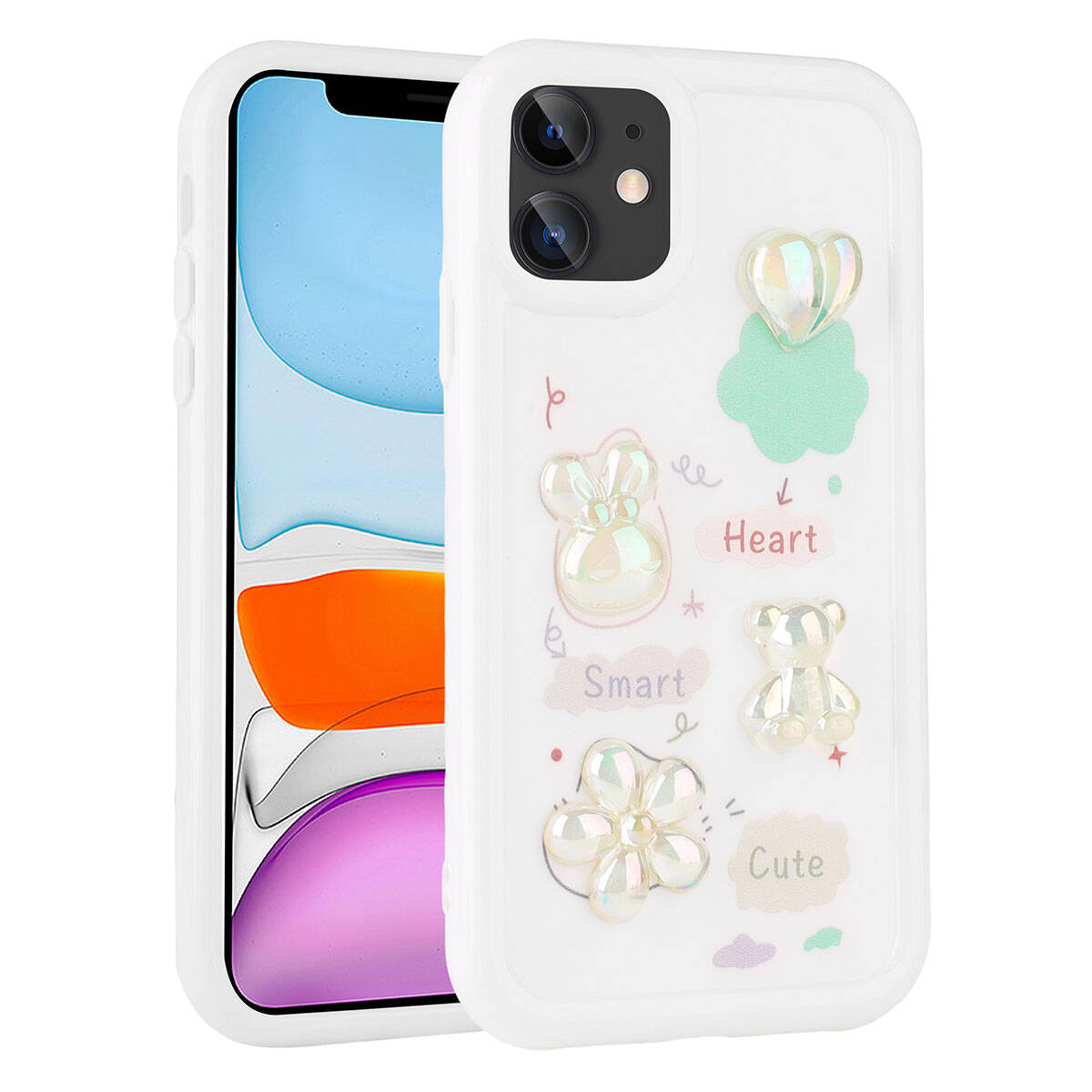 Apple iPhone 11 Kılıf Kabartma Figürlü Parlak Zore Toys Silikon Kapak Beyaz