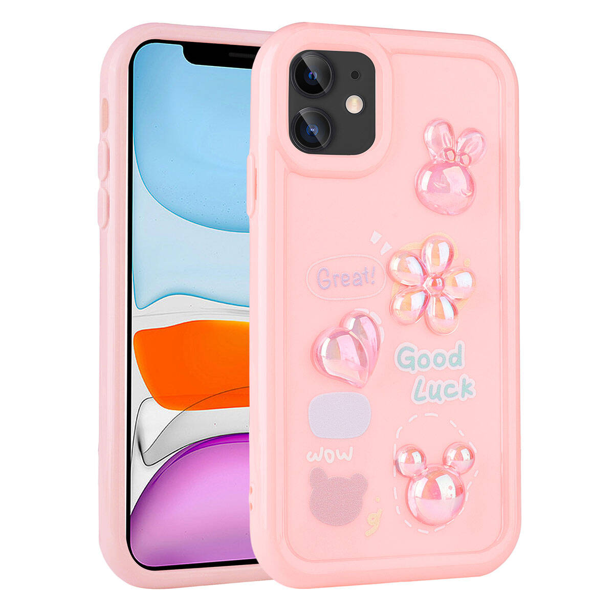 Apple iPhone 11 Kılıf Kabartma Figürlü Parlak Zore Toys Silikon Kapak Pembe