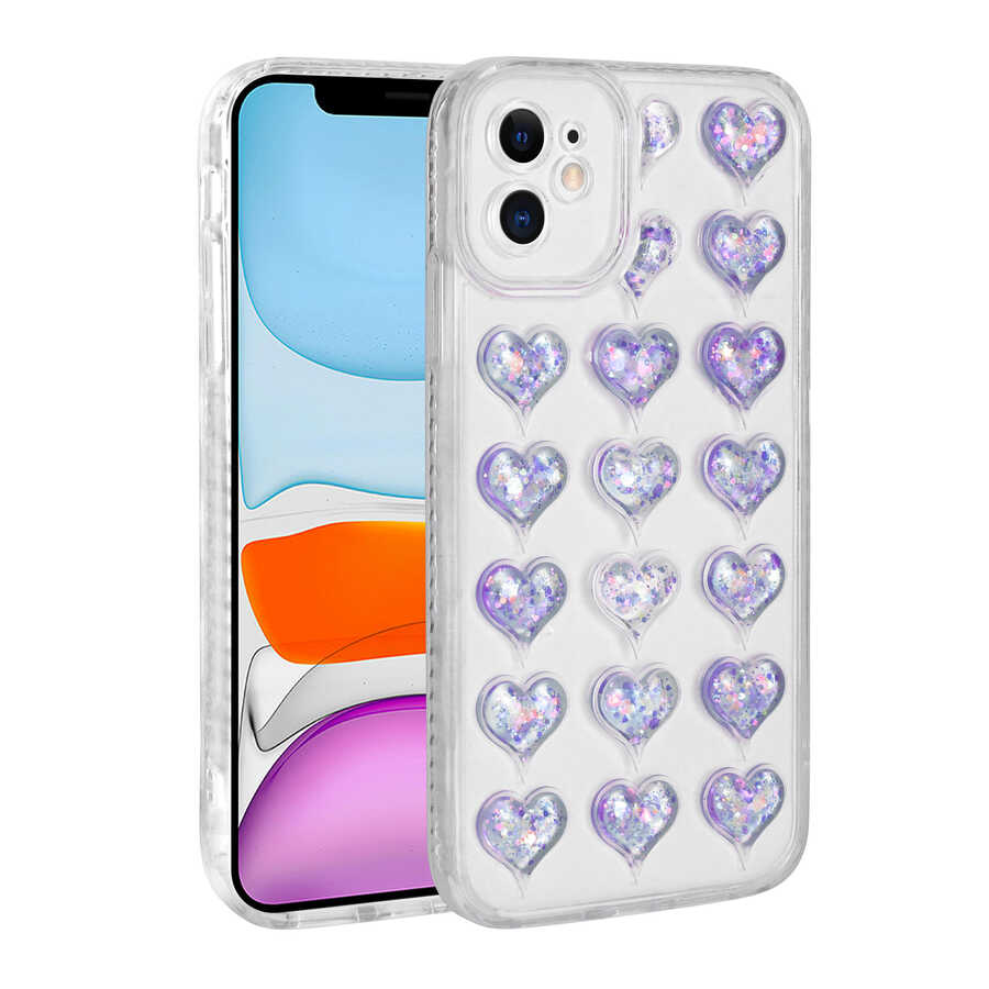 Apple iPhone 11 Kılıf Kamera Korumalı Renkli Kalp Desenli Transparan Zore Kalp Kapak Lila