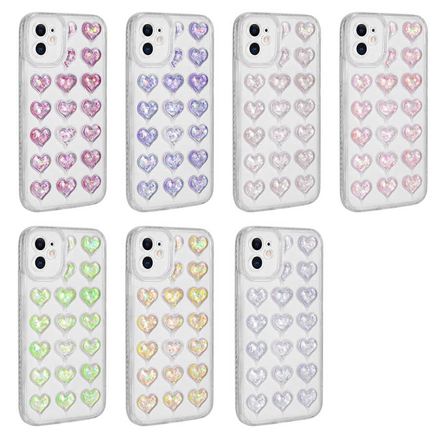 Apple iPhone 11 Kılıf Kamera Korumalı Renkli Kalp Desenli Transparan Zore Kalp Kapak Pembe