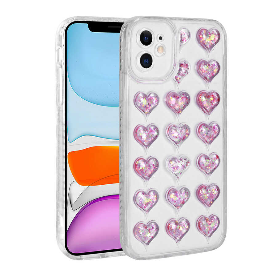 Apple iPhone 11 Kılıf Kamera Korumalı Renkli Kalp Desenli Transparan Zore Kalp Kapak Kırmızı