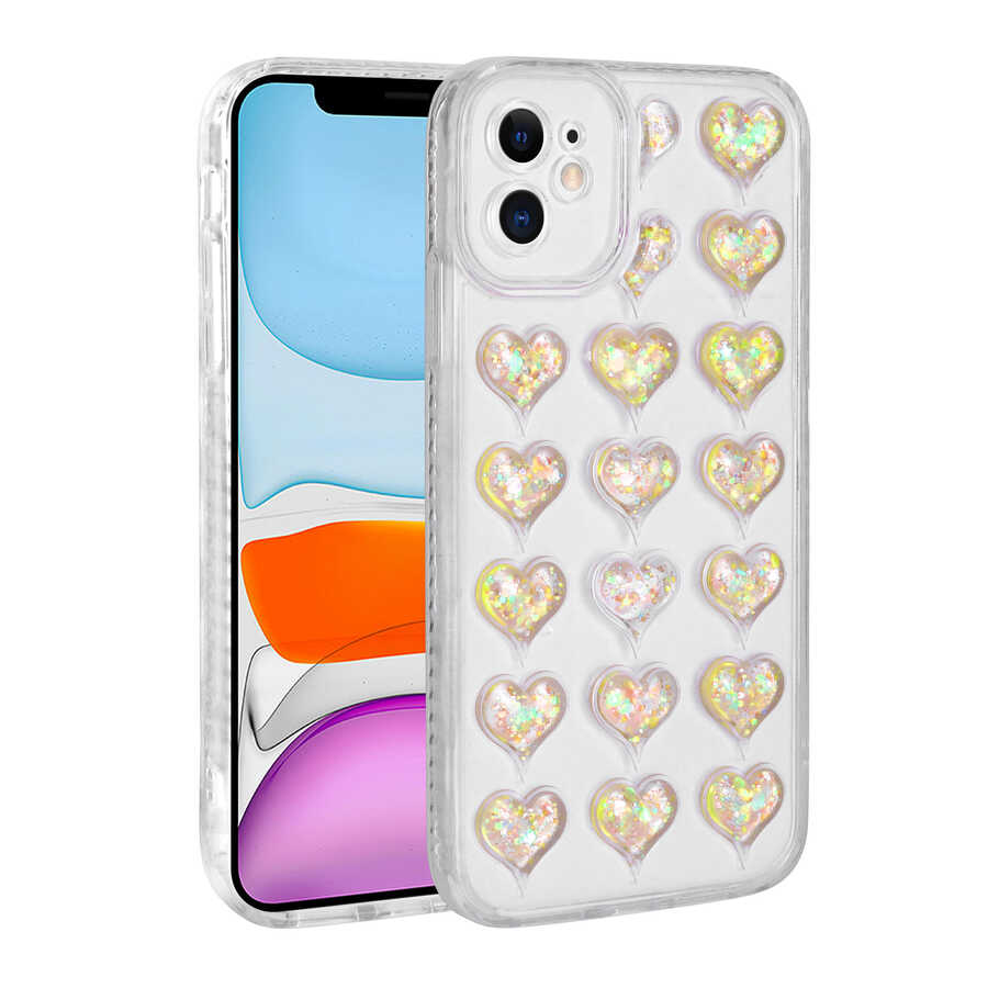Apple iPhone 11 Kılıf Kamera Korumalı Renkli Kalp Desenli Transparan Zore Kalp Kapak Sarı