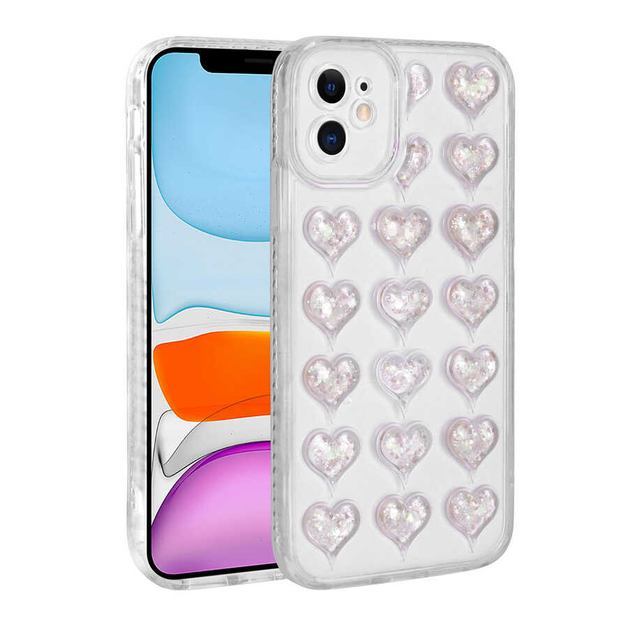 Apple iPhone 11 Kılıf Kamera Korumalı Renkli Kalp Desenli Transparan Zore Kalp Kapak Pembe