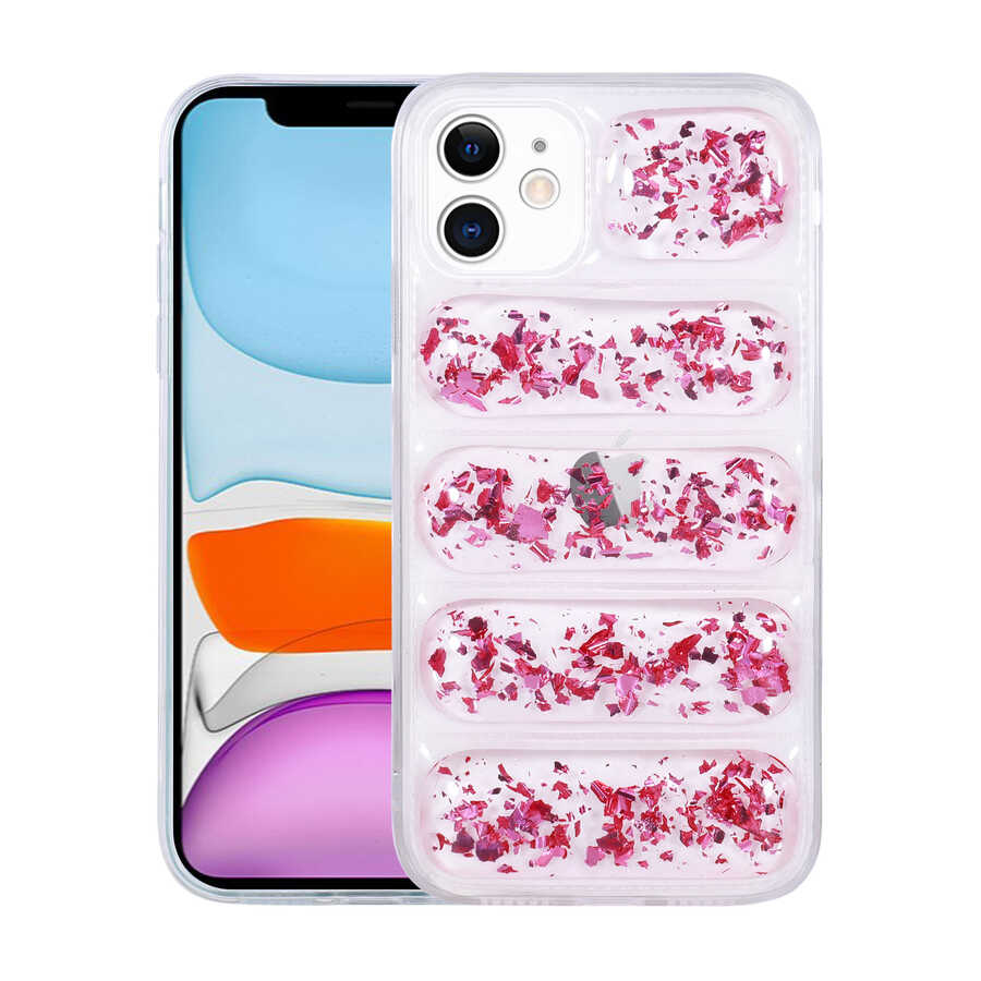 Apple iPhone 11 Kılıf Kamera Korumalı Simli Airbag'li Zore Dalga Kapak Pembe Koyu