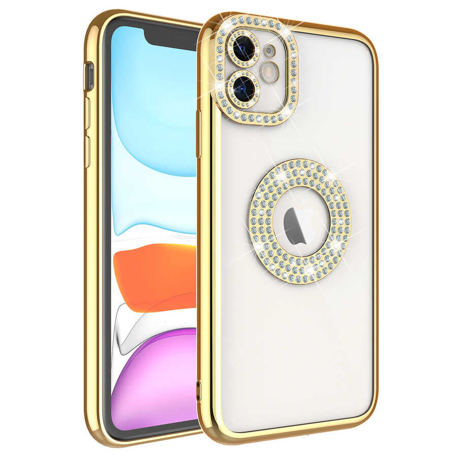 Apple iPhone 11 Kılıf Kamera Korumalı Taş Süslemeli Arkası Şeffaf Zore Asya Kapak Gold