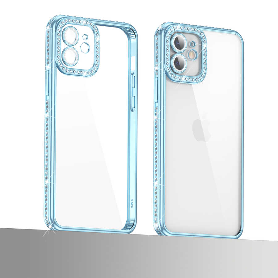 Apple iPhone 11 Kılıf Kamera Korumalı Taşlı Zore Mina Kapak Mavi