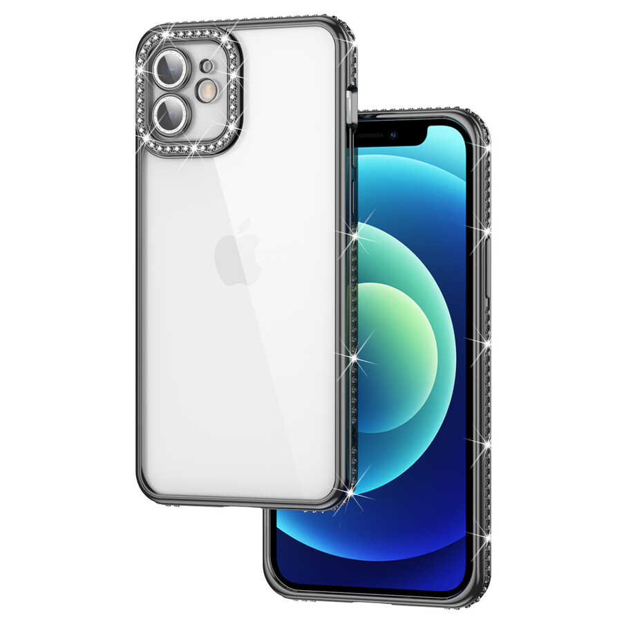 Apple iPhone 11 Kılıf Kamera Korumalı Taşlı Zore Mina Kapak Siyah