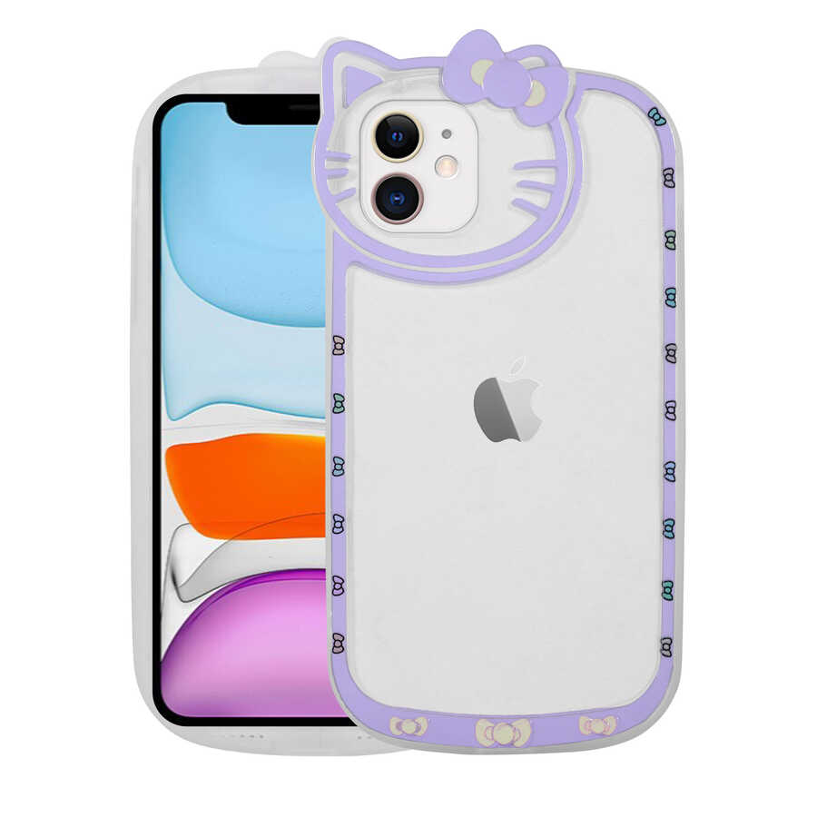 Apple iPhone 11 Kılıf Kedi Figürlü Transparan Sert Silikon Zore Kity Kapak Lila