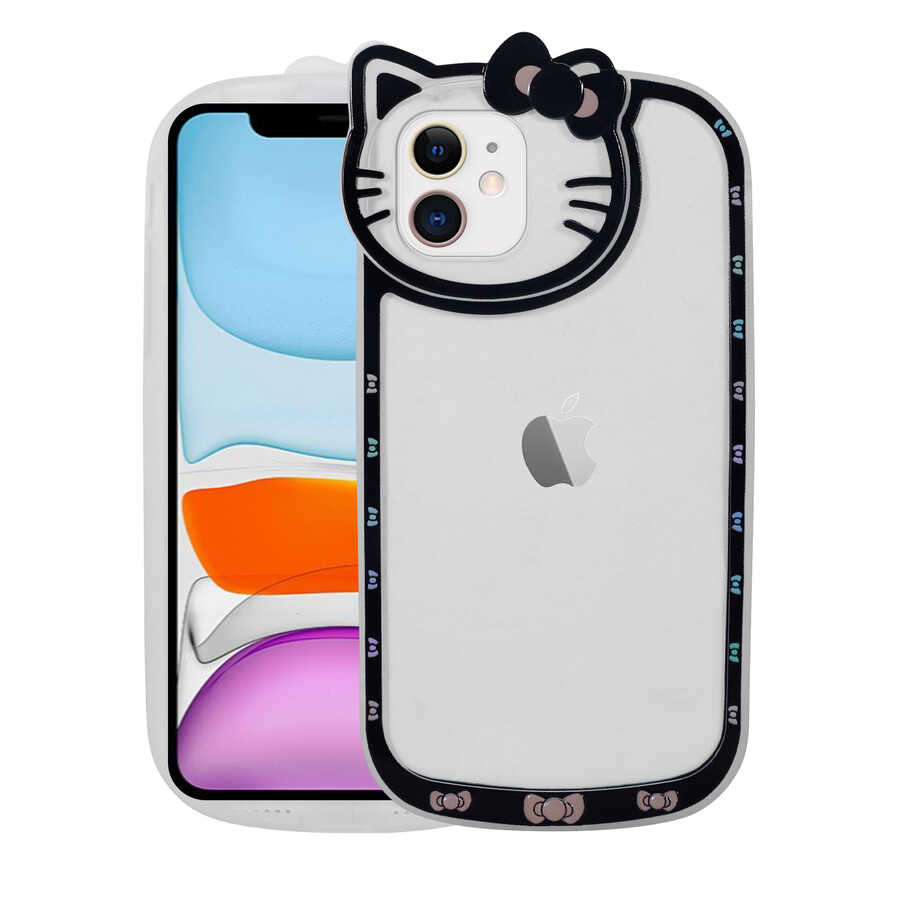 Apple iPhone 11 Kılıf Kedi Figürlü Transparan Sert Silikon Zore Kity Kapak Siyah
