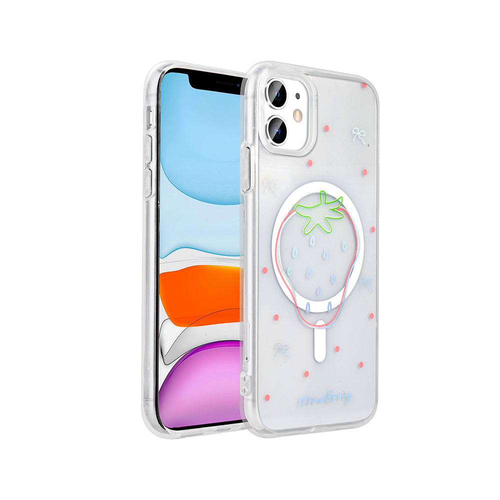 Apple iPhone 11 Kılıf M-Safe Şarj Özellikli Şeffaf Zore Folk Sert Kapak Çilek